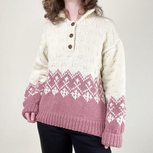 Vintage Hand Knit Fair Isle Oversized Sweater Slouchy Loose Fisherman 80s 90s - Picture 8 of 9